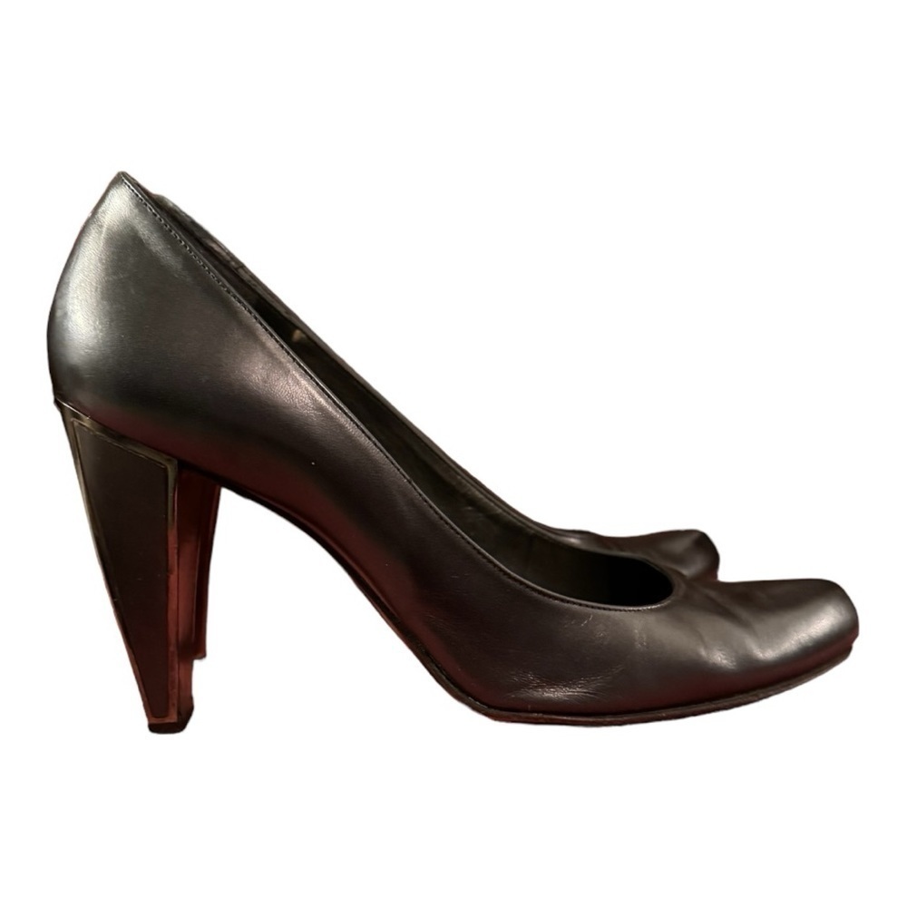 Stuart Weitzman Black Leather Pumps with Silver Accent Block Heel, Size 9 - Picture 8 of 12